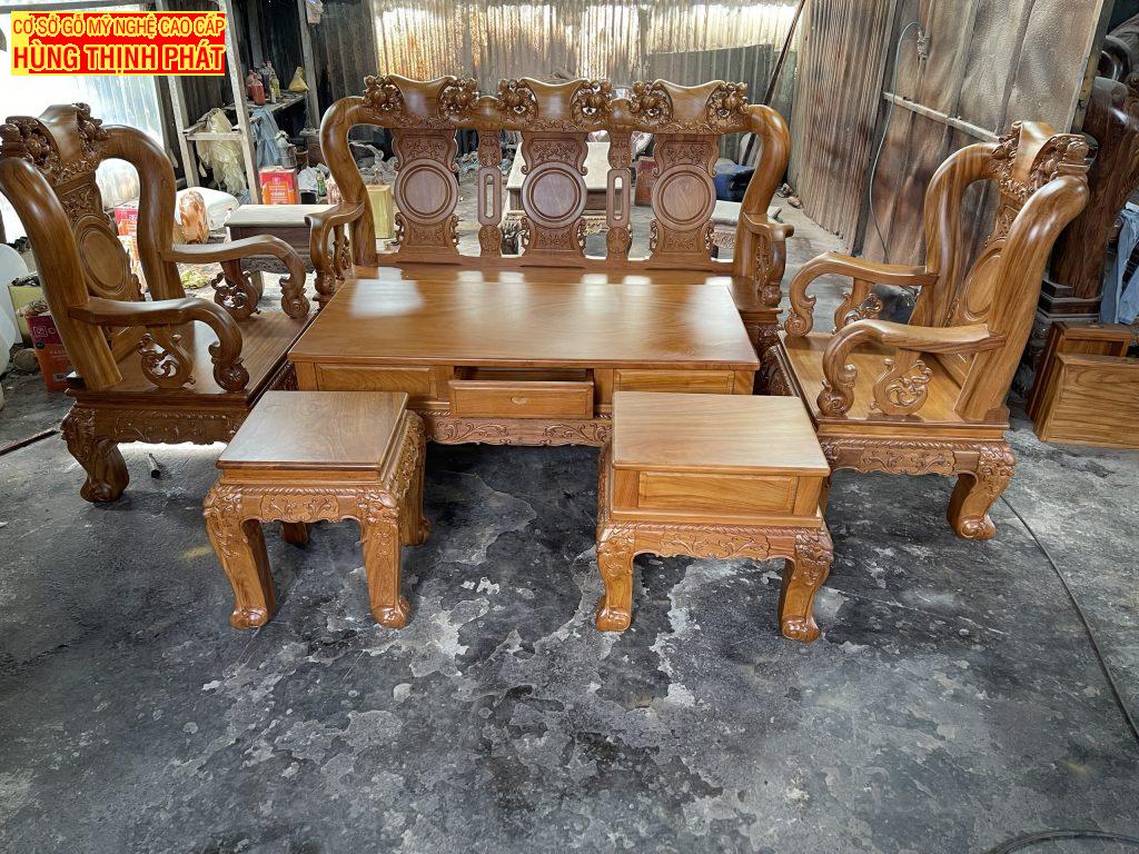 BÀN GHẾ PHÒNG KHÁCH GỖ GÕ ĐỎ ĐỤC ĐÀO 2 MẶT 6 MÓN