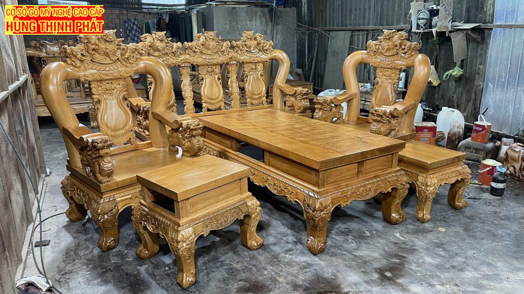 bàn ghế phòng khách gỗ gõ đỏ tay 14 đục Nghê
