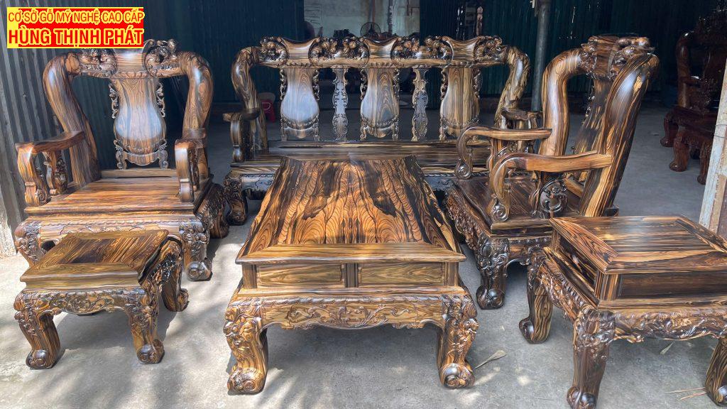 Bàn Ghế Phòng Khách Gỗ Mun Sọc Tay 14 – 6 Món: Nét Đẹp Đẳng Cấp Từ Hùng Thịnh Phát