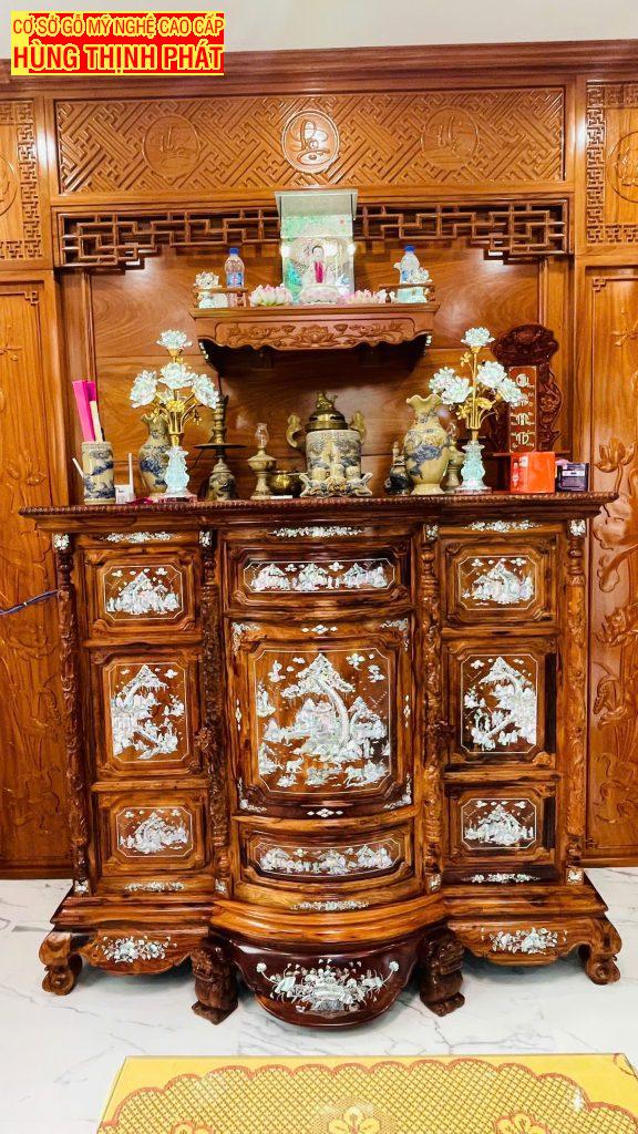 Phòng Thờ Gỗ Gõ Đỏ và Tủ Thờ Bụng Phệ Cẩn Ốc Gỗ Cẩm Lai