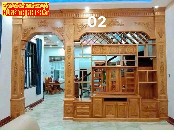 Vách Ngăn Phòng Khách Gỗ Gõ Đỏ & Lam CNC – Nâng Tầm Không Gian Sống Hiện Đại